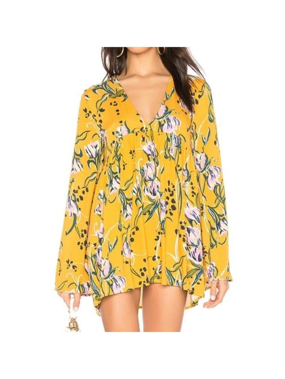 NWT Free People Yellow Floral Boho Bell Sleeve Tunic Mini Dress Small V-Neck NEW